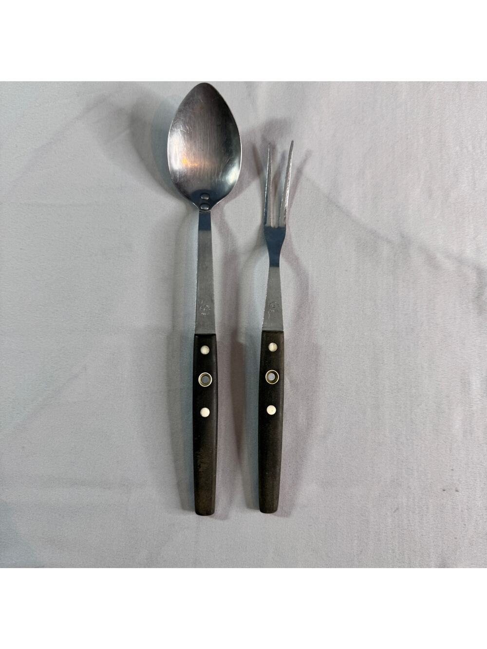 Vintage Flint Japan Stainless Steel Serving Spoon Fork Set Wood Handle MCM